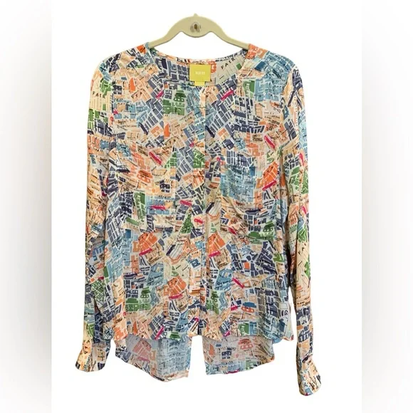 Maeve Anthropologie London Map Button-down Shirt with pockets, size 8/M - Picture 3 of 8